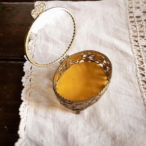 Vintage Filigree Brass Glass Lidded Jewelry Box